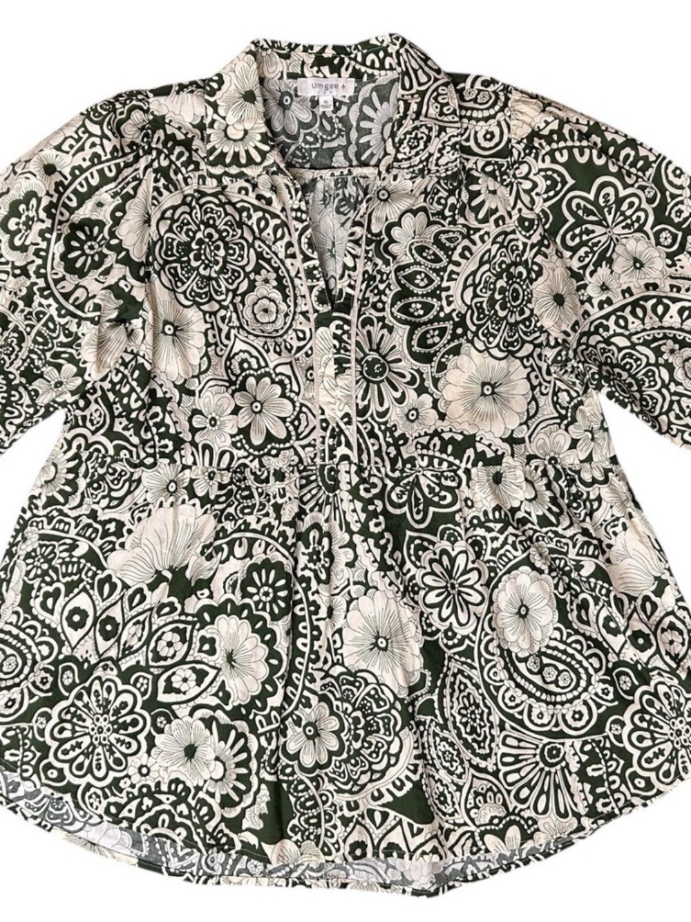 Umgee Beige Green Paisley Babydoll Puff Sleeve Tunic Women’s XL NWOT